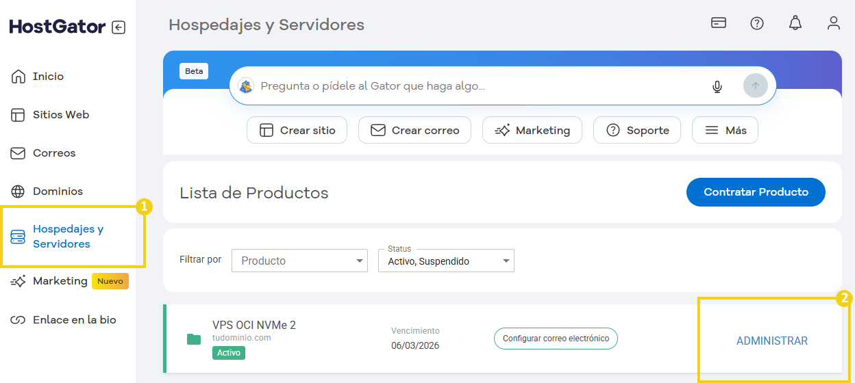 Imagen que muestra la plataforma HostGator de gestión de hospedajes y servidores, con opciones para crear sitios, correos electrónicos, marketing y soporte
