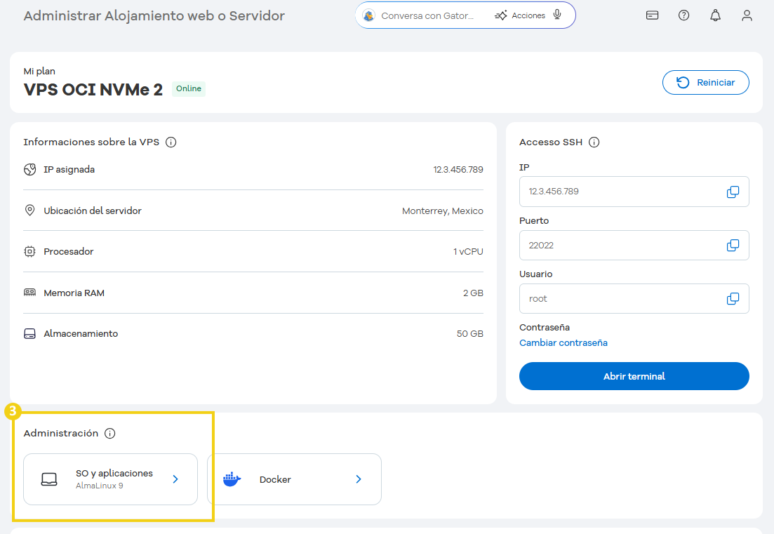 Imagen que muestra la plataforma HostGator de gestión de hospedajes y servidores, destacando la opción de gestión de SO y aplicaciones