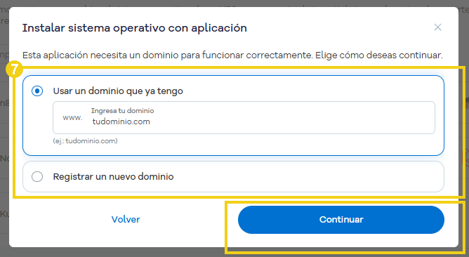 La imagen muestra dos opciones, una para informar un dominio que ya tienes activo y otra para registrar el dominio