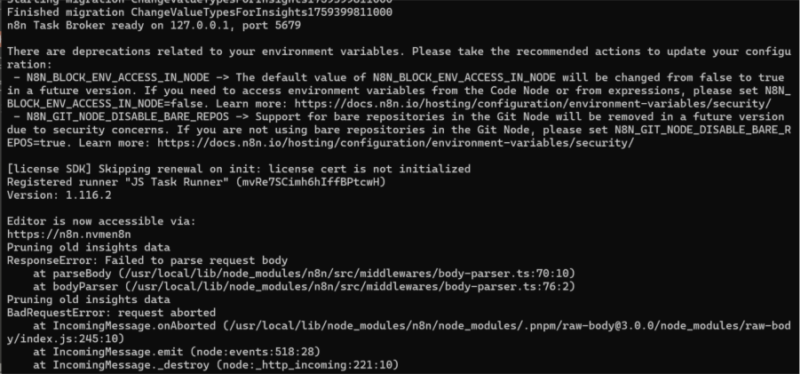 Imagen de la terminal con el resultado después de ejecutar el comando “docker logs -f n8n-main”