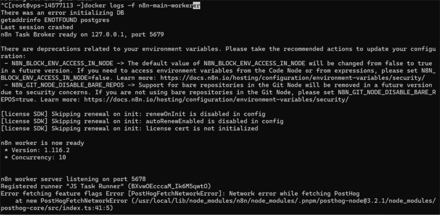 La imagen muestra la salida de la terminal después de ejecutar el comando para verificar los logs de Docker