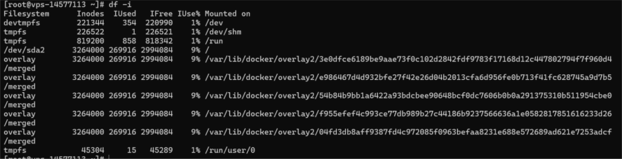 La imagen muestra la salida de la terminal después de ejecutar el comando “df -i”