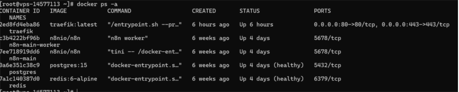 La imagen muestra la salida de la terminal después de ejecutar el comando “docker ps -a”, mostrando todos los contenedores