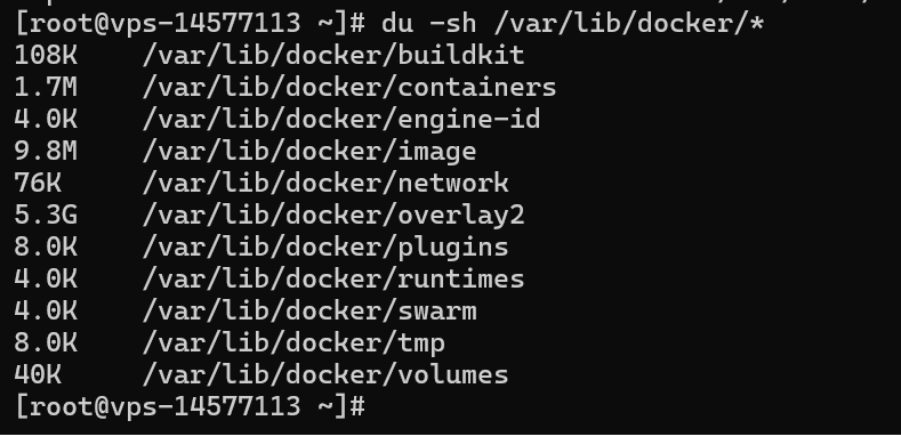 La imagen muestra la salida de la terminal después de ejecutar el comando “du -sh” para verificar el uso de disco