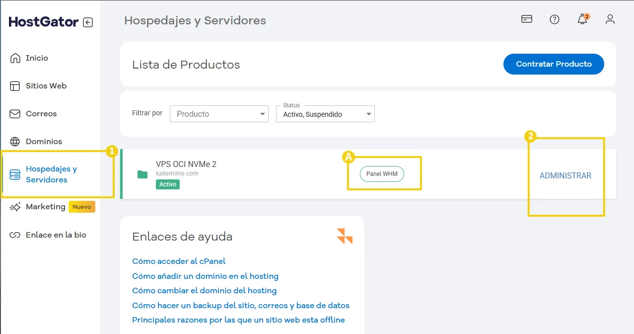 Pantalla del panel de gestión de hospedajes y servidores en HostGator, destacando opciones para crear sitios, configurar productos y gestionar dominios.