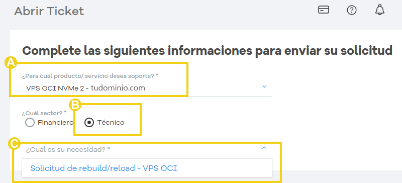 Formulario para solicitar reload o rebuild de VPS OCI en la plataforma HostGator, con opciones para producto, sector y necesidad.