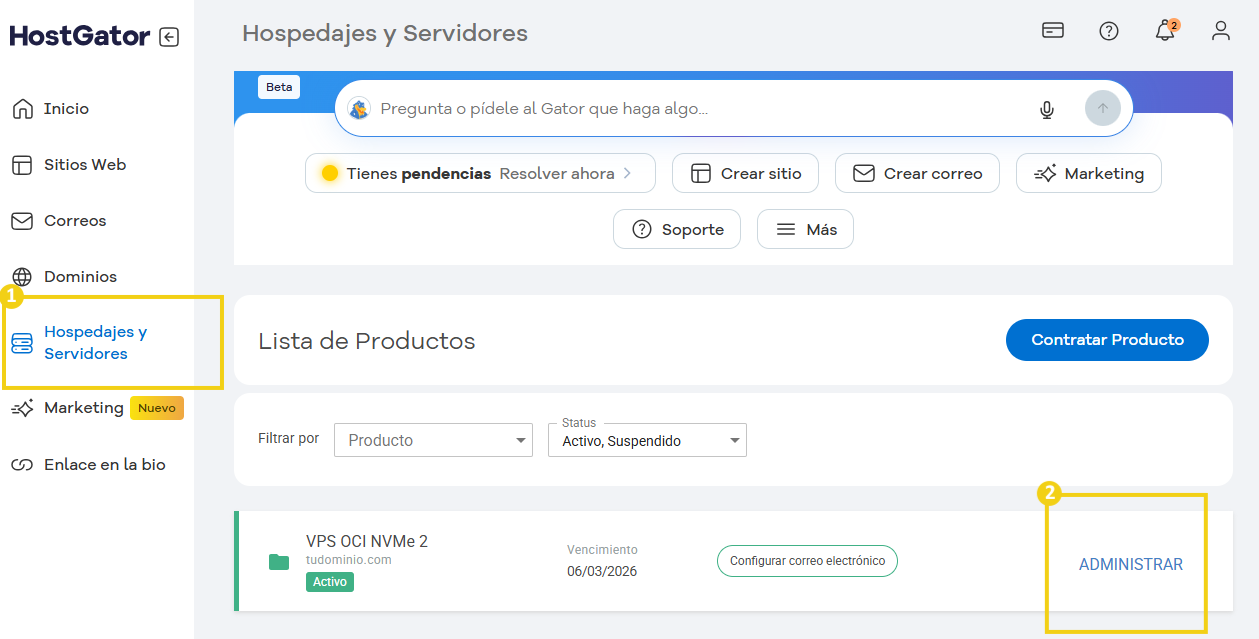Imagen mostrando la plataforma HostGator de gestión de hospedajes y servidores, con opciones para crear sitios, correos electrónicos, marketing y soporte.
