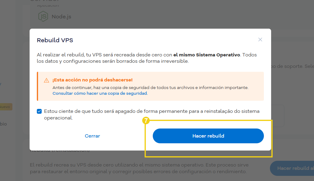 Imagen mostrando área de gestión de rebuild VPS, destacando botón “Hacer rebuild” 