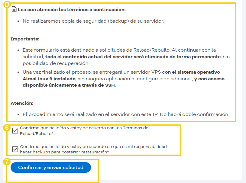 Pantalla del panel de HostGator mostrando opciones para solicitud de Reload/Rebuild del servidor sin copia de seguridad, con instrucciones detalladas y aviso importante.
