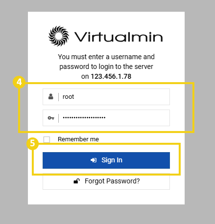 Imagen muestra la pantalla de inicio de sesión de Virtualmin, para informar el usuario, contraseña y hacer clic en el botón "Sign In"