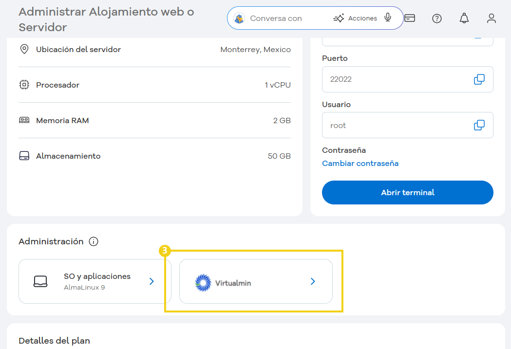 Imagen de la plataforma HostGator administrando alojamiento o servidor con detalles del plan, memoria RAM, almacenamiento, y administración a través de Virtualmin.