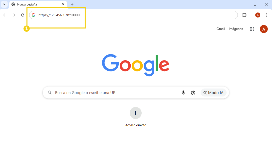 La imagen muestra la pantalla del navegador con el número de IP más el puerto 10000 para que puedas acceder a la pantalla de inicio de sesión de Virtualmin