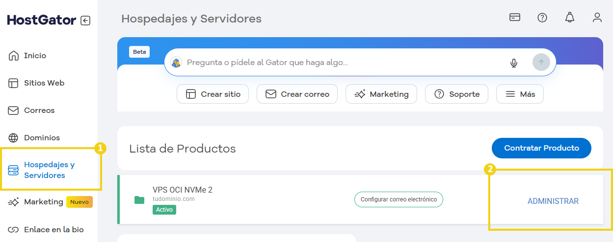 Imagen muestra el Portal del Cliente con la marcación en el menú lateral en la opción "Alojamientos y servidores" que debe ser clicado para acceder a la parte de "Administrar" posteriormente
