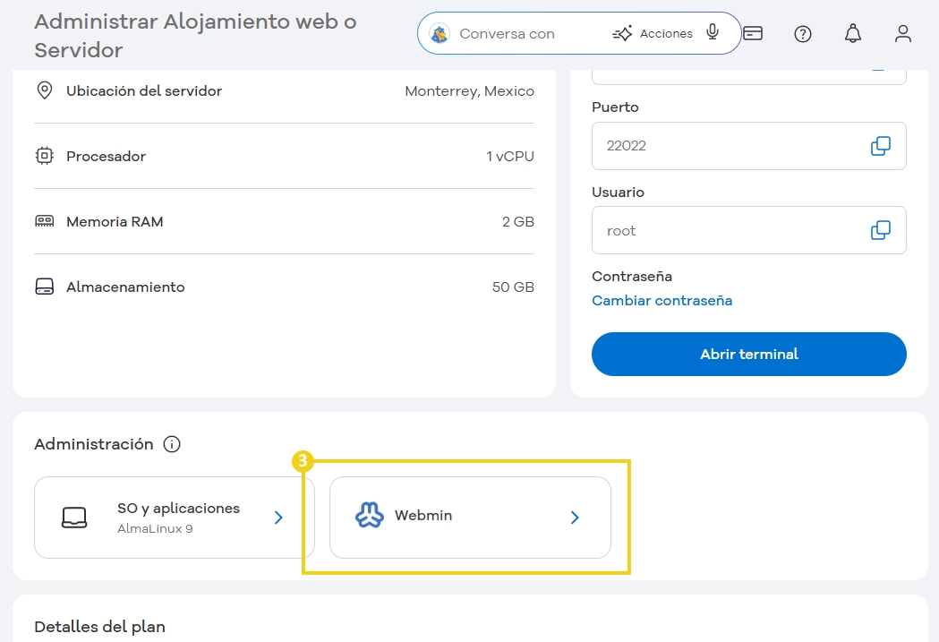 Pantalla de gestión de alojamiento y servidor en la plataforma HostGator, destacando opciones de RAM, almacenamiento y gestión de aplicaciones Webmin.