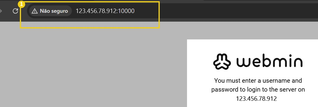 Pantalla de inicio de sesión de Webmin con mensaje de error 'No seguro' debido al acceso no protegido al servidor con dirección IP 123.456.78.912.912.