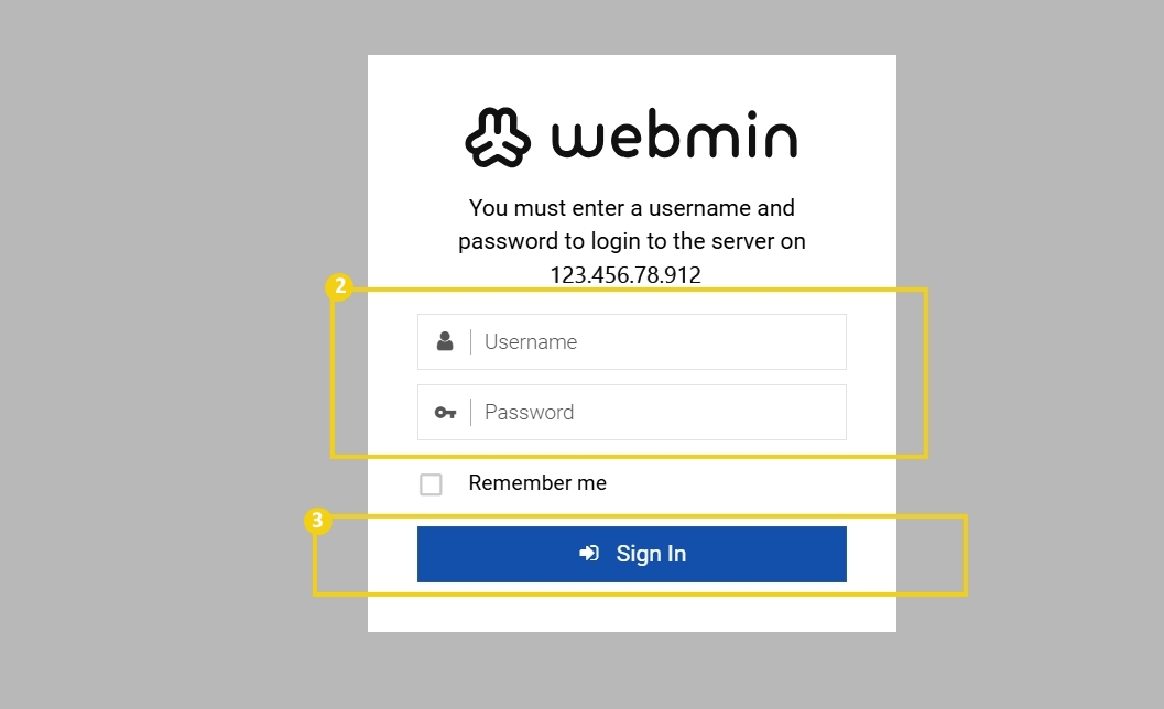 Pantalla de inicio de sesión de Webmin con campos para usuario y contraseña, botones para entrar y recordar contraseña, e instrucciones para acceso al servidor.