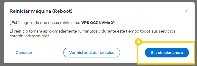 Imagen ilustrativa del reinicio de una máquina, donde se destaca el botón "Sí, reiniciar ahora" en azul.