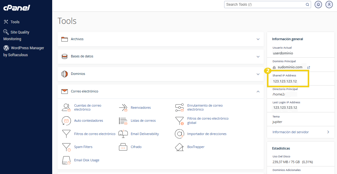 Imagen del panel de control cPanel donde se destaca el campo de ubicación IP 