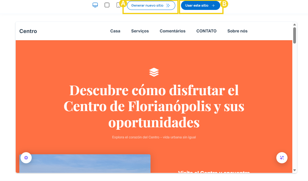 Captura de pantalla que muestra dos botones superiores: generar nuevo sitio y usar este sitio.