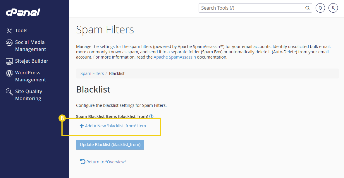 Imagen del cPanel que muestra la pantalla para agregar un nuevo elemento a la lista de bloqueo.