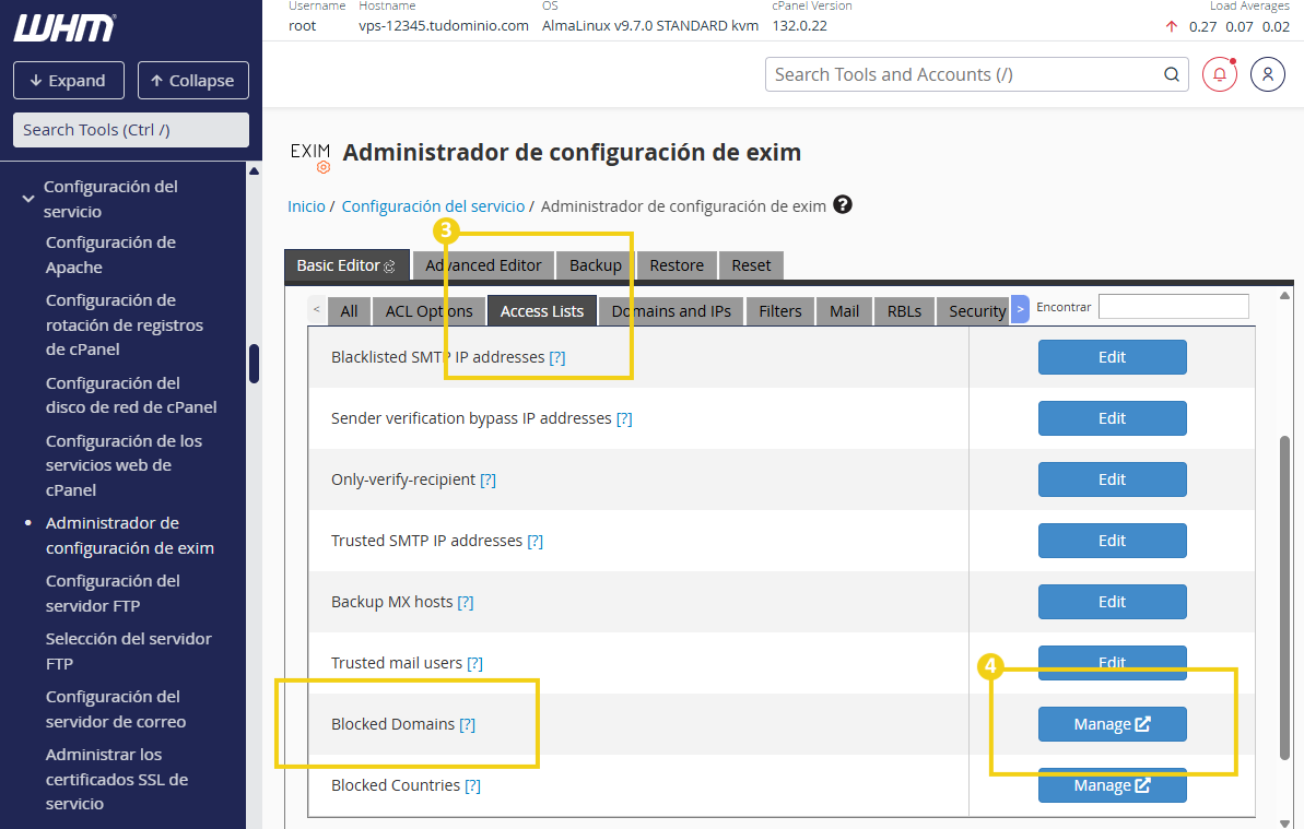 La imagen muestra la pantalla del WHM, con la marcación en la pestaña Access Lists (Listas de Acceso) y luego en “Blocked Domains” (Dominios Bloqueados), destacando el botón Manage (Gestionar).