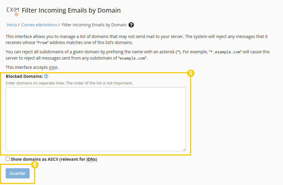 La imagen muestra la pantalla del WHM, con la marcación en el campo para informar los bloqueos que deseas registrar y, después de completar, debes hacer clic en el botón “Guardar”.