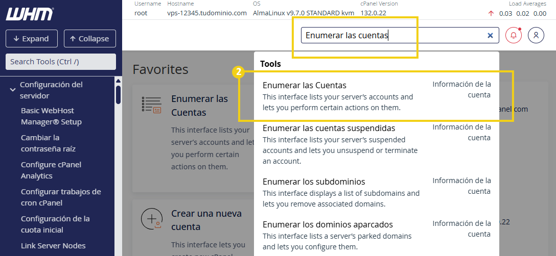 La imagen muestra la pantalla del WHM; en la barra de búsqueda se busca “Enumerar las cuentas” y se resalta la opción encontrada.