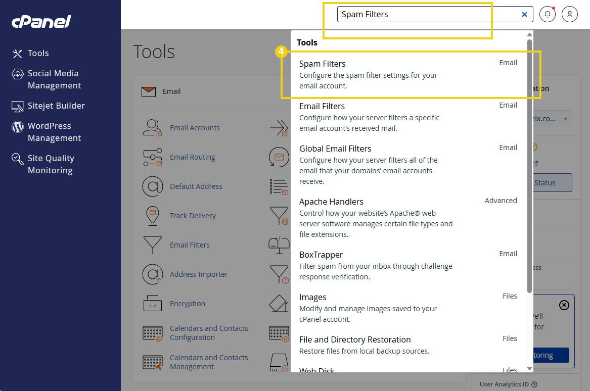 Pantalla de herramientas del cPanel mostrando varias opciones de gestión de correo electrónico, incluyendo filtros, reenviadores y autenticación, esencial para la administración del servidor de correo.
