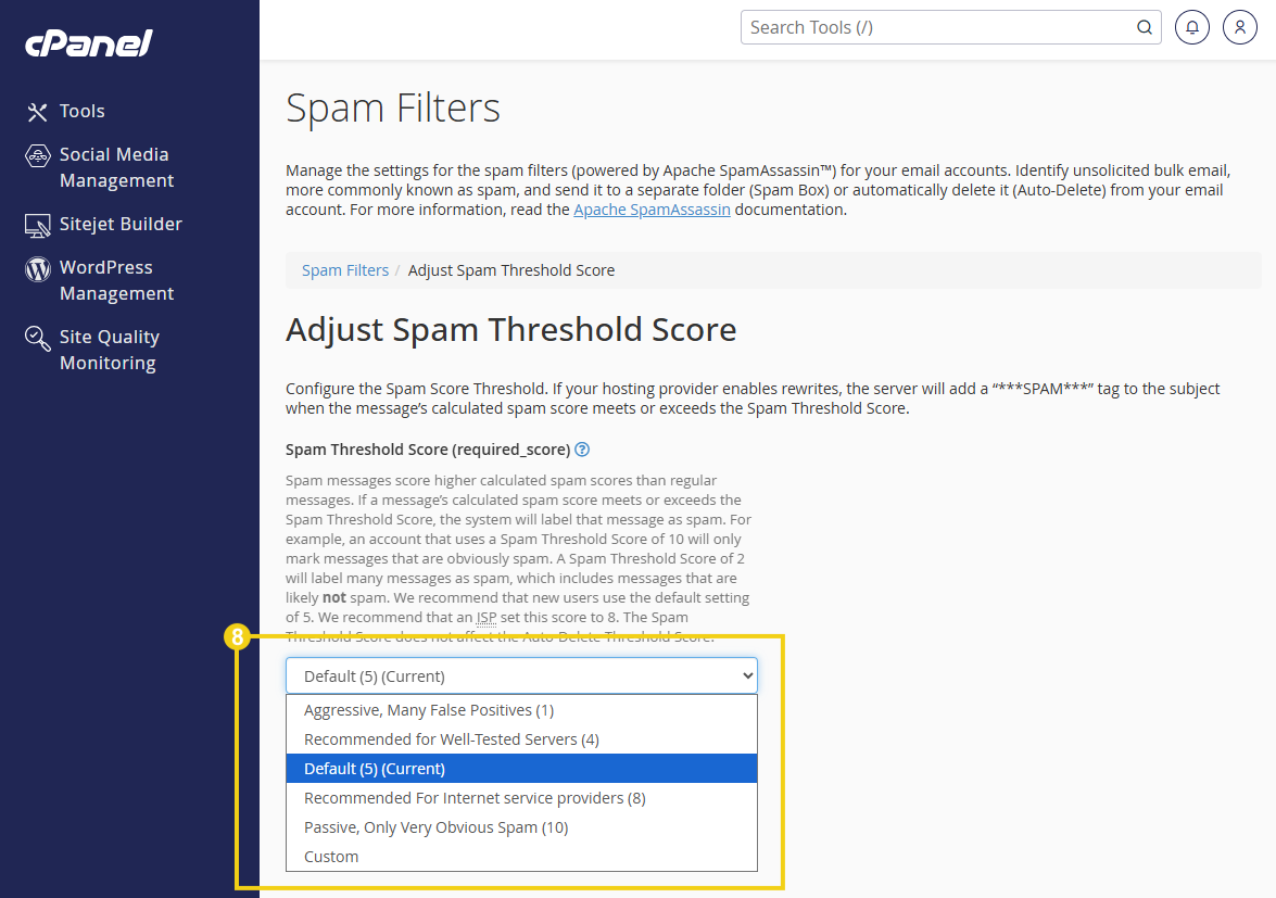 La imagen muestra en el cPanel la pantalla para ajustar el filtro de spam.