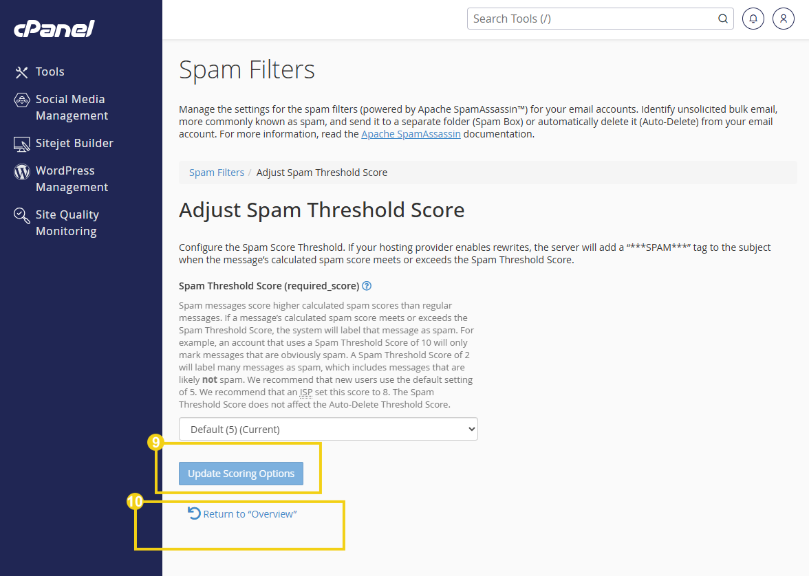 Pantalla de configuración del filtro de spam en el cPanel, mostrando opciones para ajustar la puntuación de spam y prevenir mensajes no deseados.