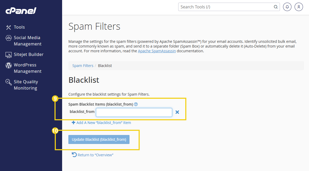 Imagen de una pantalla de configuración del filtro de spam en el panel de cPanel, destacando la opción de agregar una nueva lista de permitidos (lista blanca) de spam.