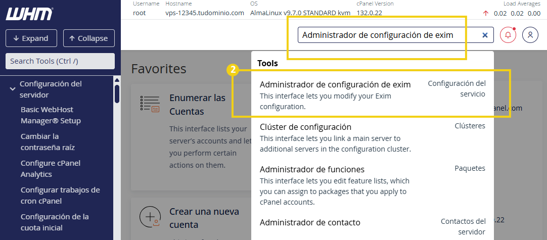 La imagen muestra la pantalla del WHM; en la barra de búsqueda se busca “Gerenciador de Configuração do Exim” y se resalta la opción encontrada.