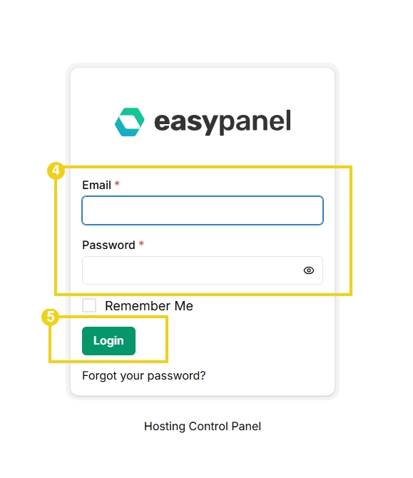 Pantalla de inicio de sesión del panel de control de EasyPanel, mostrando campos para email y contraseña, botón de inicio de sesión destacado en verde, además de opciones para recordar contraseña y control de alojamiento.