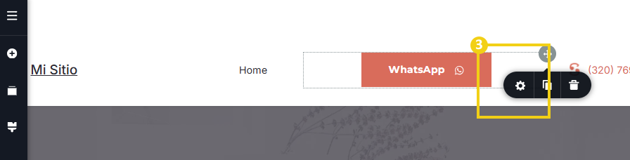 La imagen muestra la pantalla del panel editor del Creador de sitios con la marca en el ícono de engranaje que debe ser clicado para acceder al panel de configuraciones