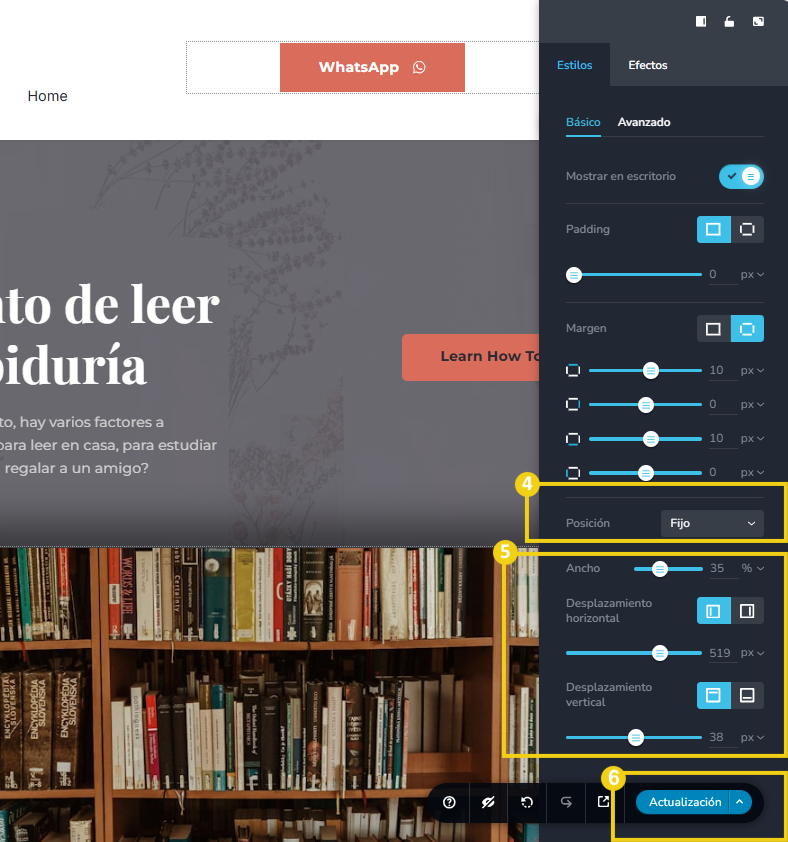 Imagen muestra la pantalla del panel editor del Creador de sitios con el panel lateral para definir las configuraciones y guardar
