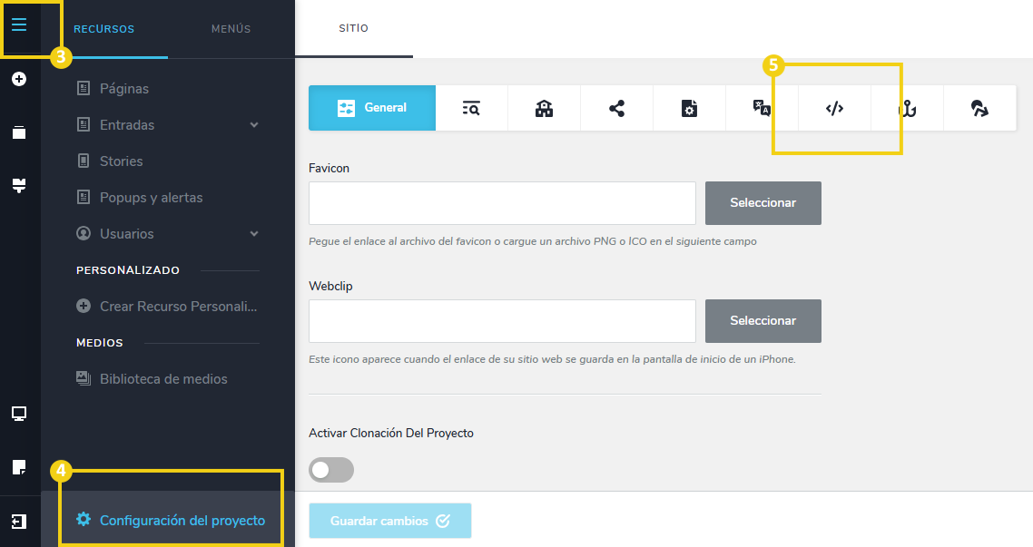 Imagen muestra la pantalla del editor del Creador de sitios con la marcación en el ícono de 3 líneas, luego en "Configuraciones del proyecto" y en el ícono de código