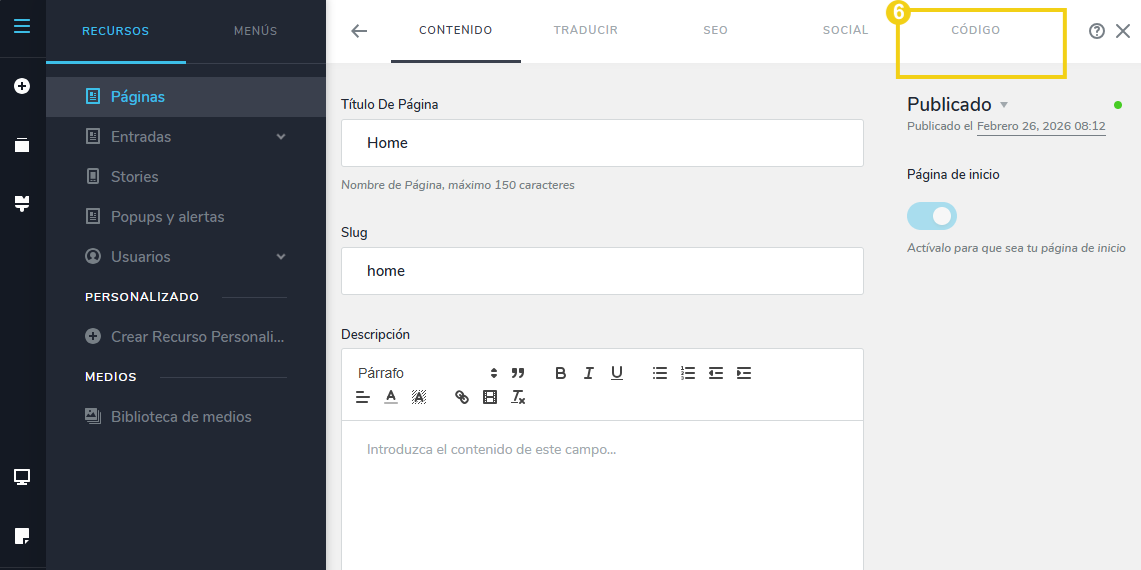La imagen muestra la pantalla del editor del Creador de sitios, en el área de configuración de la página, y con marcado en la pestaña "Código"