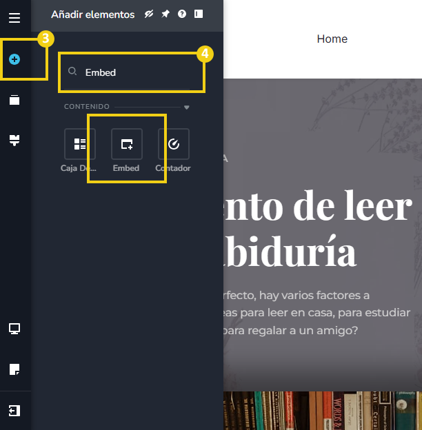 La imagen muestra la pantalla del editor del Creador de sitios con la marca en el ícono de más y con marca en el campo de búsqueda, que debe ser buscado por "Embed"