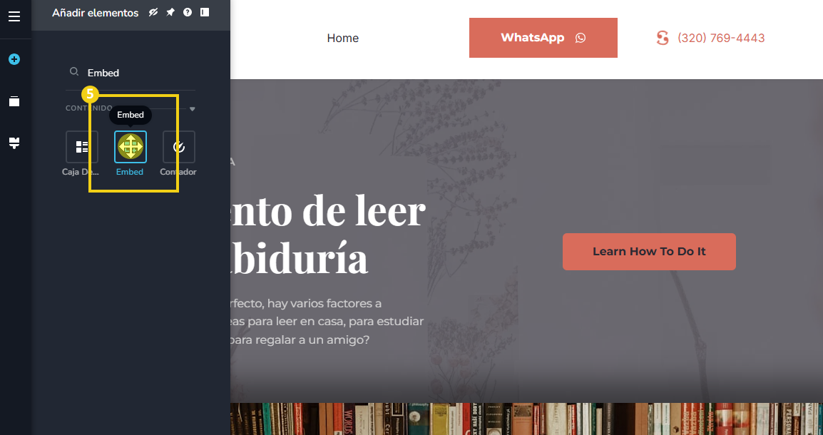 Imagen muestra la pantalla del editor del Creador de sitios con la marcación en el elemento insertar, que debe ser clicado y mantenido presionado para arrastrar