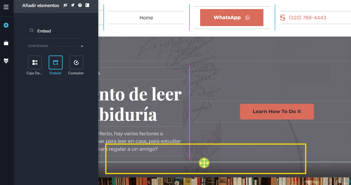 Imagen muestra la pantalla del editor del Creador de sitios con la marcación en el elemento que fue arrastrado hasta el área de la página del sitio