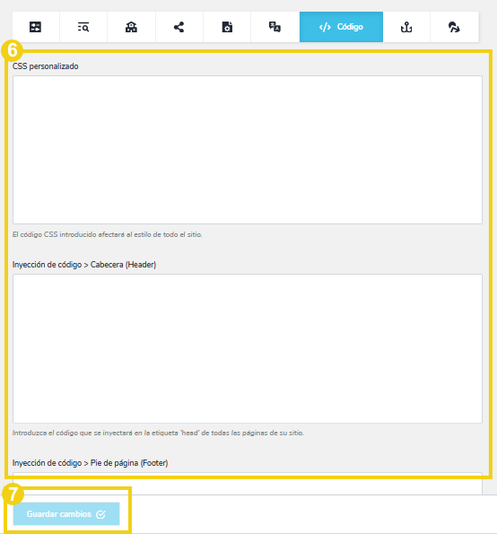 Imagen muestra la pantalla del editor del Creador de sitios en "Código", donde hay campos para llenar con los scripts y guardar