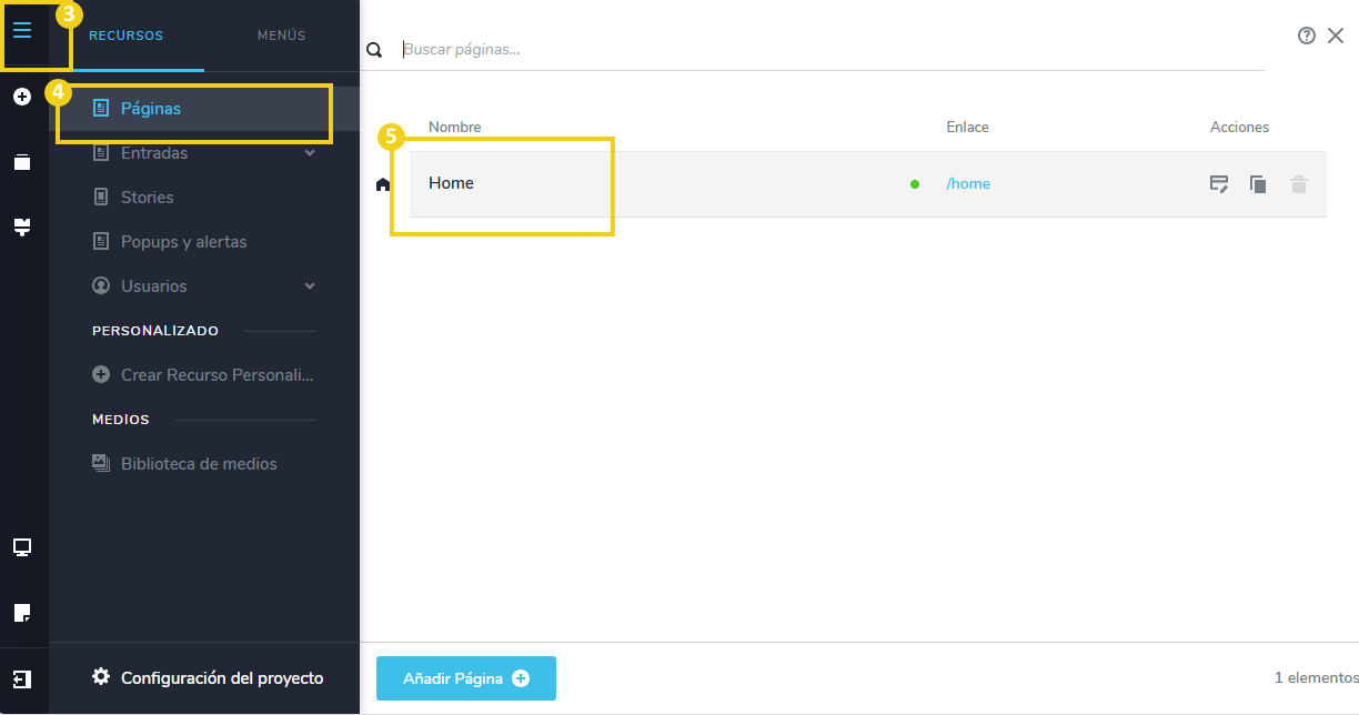 La imagen muestra la pantalla del editor del Creador de sitios con la marca en el ícono de 3 líneas, luego en "Páginas" y después en el nombre de la página que debe ser clicado para acceder a esa área