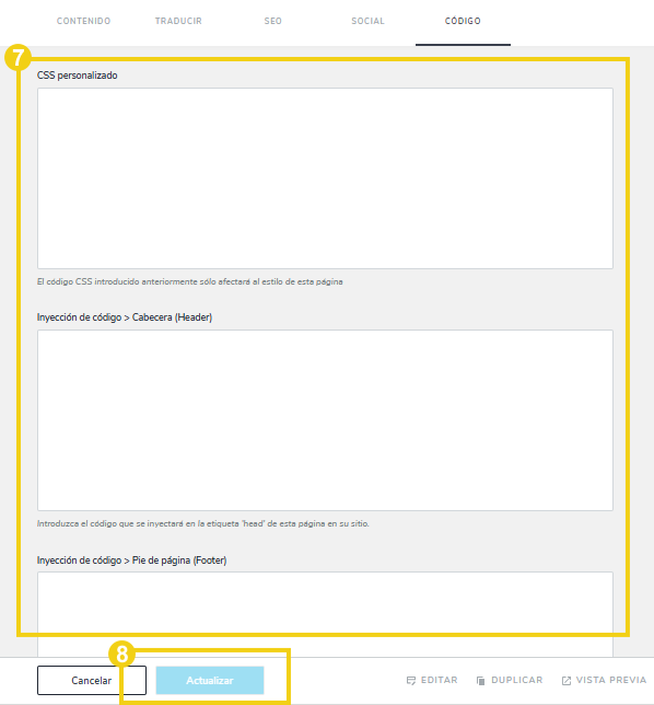 La imagen muestra la pantalla del editor del Creador de sitios con el marcado en los campos para añadir los scripts y guardar