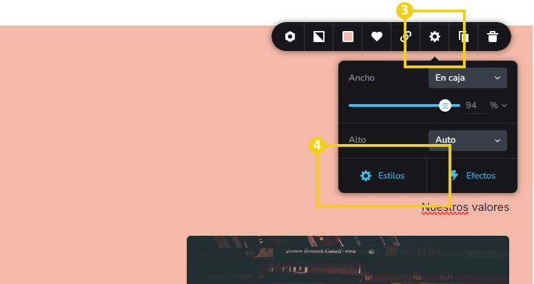 La imagen muestra la pantalla del editor del Creador de sitios con la marcación en el menú de herramientas en "Configuraciones" y luego en "Estilo"