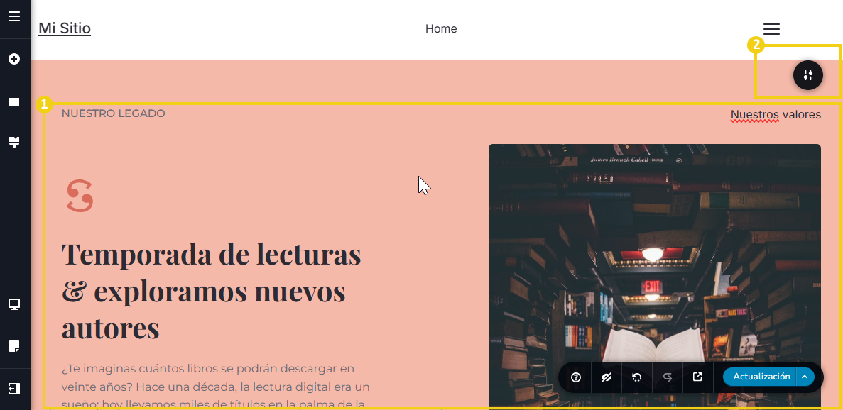 La imagen muestra la pantalla del editor del Creador de sitios con la marcación en el bloque y también en el menú desplegable que se muestra