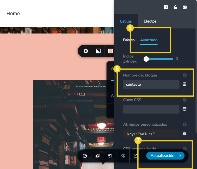Imagen muestra la pantalla del editor del Creador de sitios en el panel a la derecha con marcación en la pestaña "Avanzado" y en el campo "Nombre del bloque" y en el botón para guardar "Actualizar"