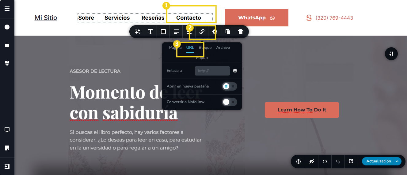 La imagen muestra la pantalla del editor del Creador de sitios con la marcación en el ítem de menú, que abre la barra de herramientas, con marcación en la pestaña "URL"