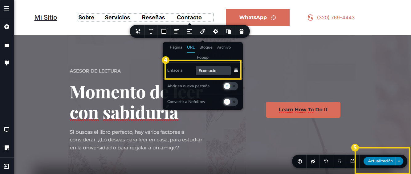 La imagen muestra la pantalla del editor del Creador de sitios con la marcación en el campo para agregar el ID creado junto con # y la marcación en el botón para guardar "Actualizar"