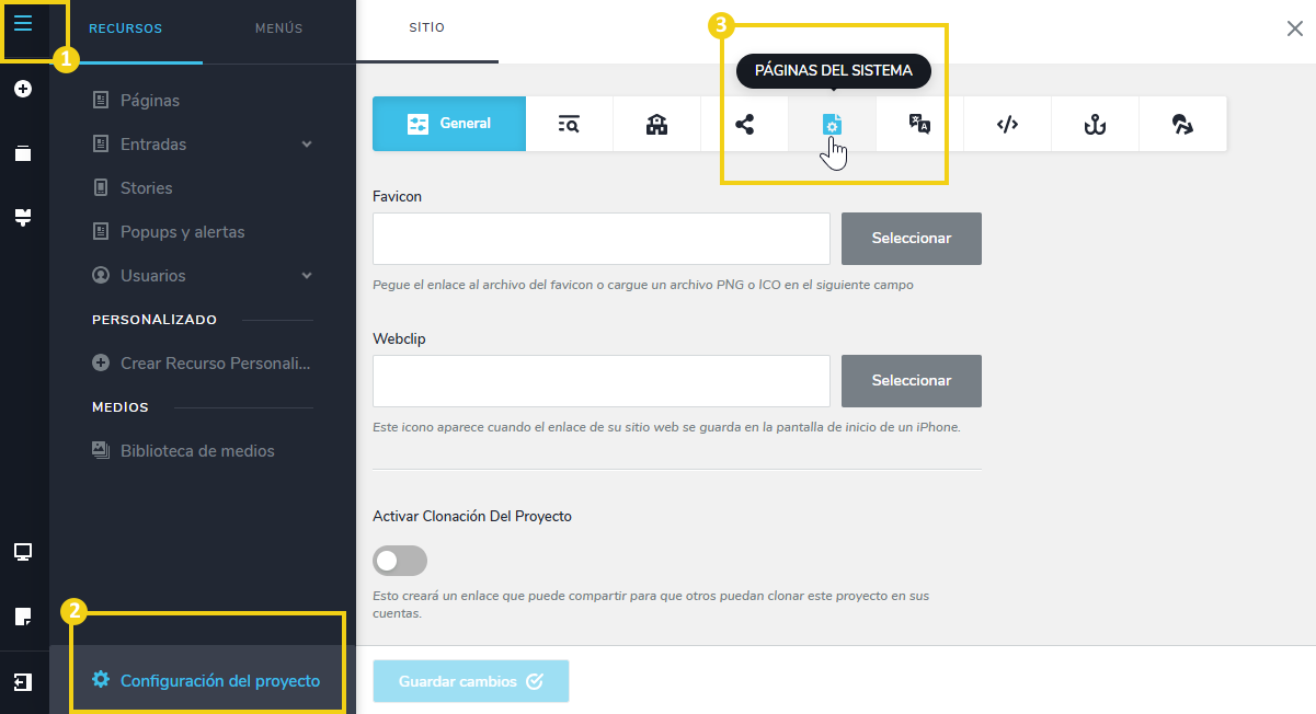 Imagen muestra la pantalla del editor del Creador de sitios con la marcación en el menú lateral en el ícono de tres líneas, luego en "Configuraciones del Proyecto" y para acceder a las páginas del sistema, la marcación en el ícono de engranaje