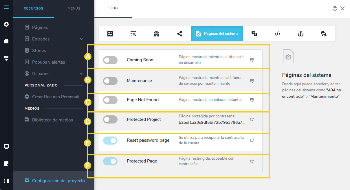 Imagen muestra la pantalla del editor del Creador de sitios con la marcación en las páginas del sistema disponibles
